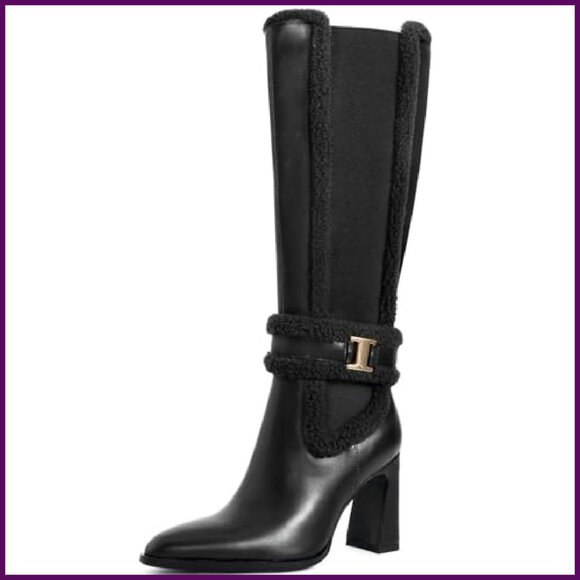 Knee High Boots Chunky Heel Pointed Toe Winter Riding Pull On Side Zipper - Picture 2 of 4